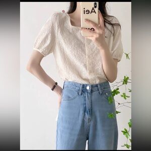 Embroidered Cotton Blouse with Scalloped Edge